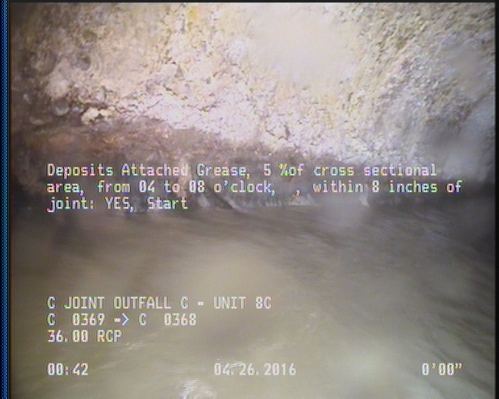 Deposits Attached Grease, 5 %of cross sectional area, from 04 to 08 o'clock, , within 8 inches of joint: YES, Start