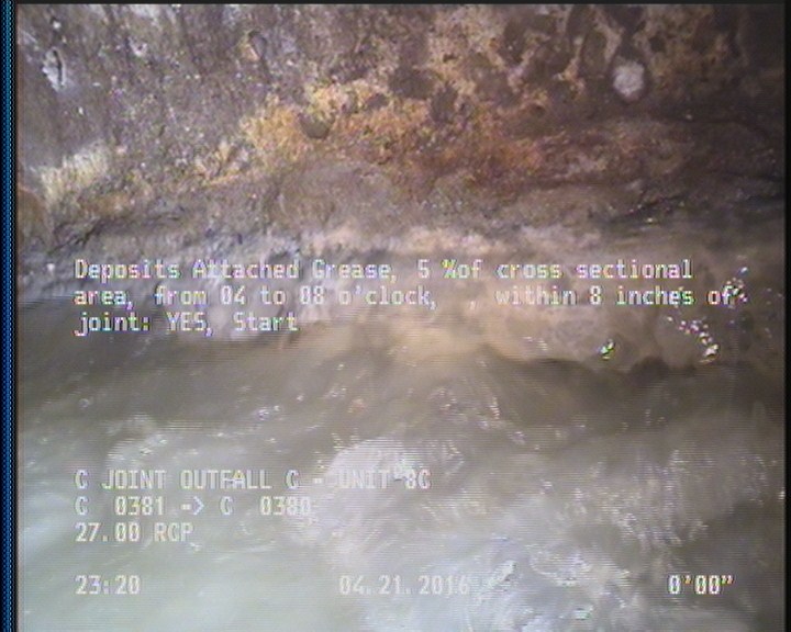 Deposits Attached Grease, 5 %of cross sectional area, from 04 to 08 o'clock, , within 8 inches of joint: YES, Start