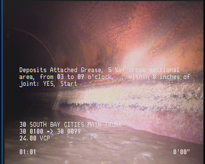 Deposits Attached Grease, 5 %of cross sectional area, from 03 to 09 o'clock, , within 8 inches of joint: YES, Start