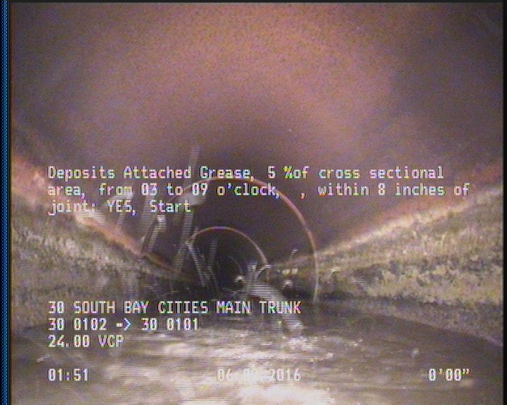 Deposits Attached Grease, 5 %of cross sectional area, from 03 to 09 o'clock, , within 8 inches of joint: YES, Start
