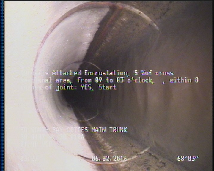 Deposits Attached Encrustation, 5 %of cross sectional area, from 09 to 03 o'clock, , within 8 inches of joint: YES, Start