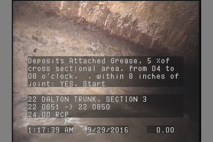 Deposits Attached Grease, 5 %of cross sectional area, from 04 to 08 o'clock, , within 8 inches of joint: YES, Start