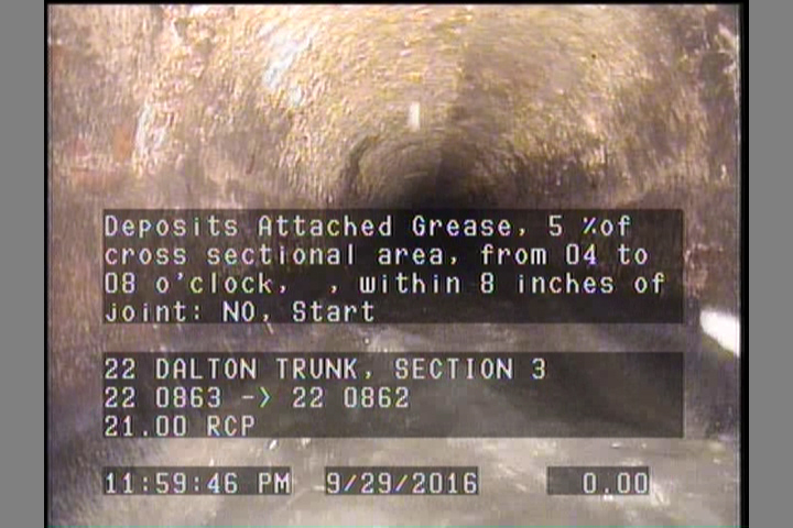 Deposits Attached Grease, 5 %of cross sectional area, from 04 to 08 o'clock, , within 8 inches of joint: NO, Start