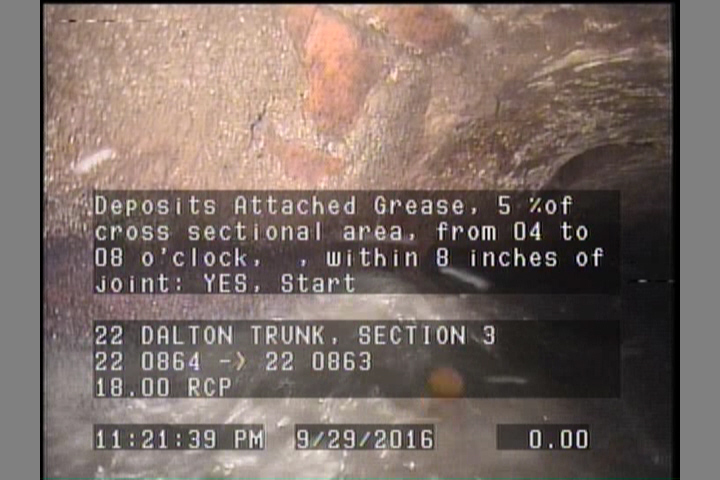 Deposits Attached Grease, 5 %of cross sectional area, from 04 to 08 o'clock, , within 8 inches of joint: YES, Start