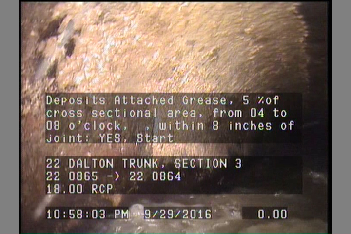 Deposits Attached Grease, 5 %of cross sectional area, from 04 to 08 o'clock, , within 8 inches of joint: YES, Start