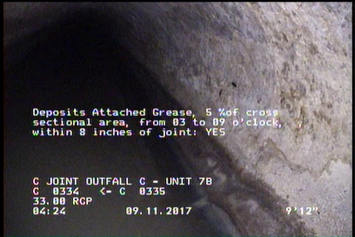 Deposits Attached Grease, 5 %of cross sectional area, from 03 to 09 o'clock, , within 8 inches of joint: YES