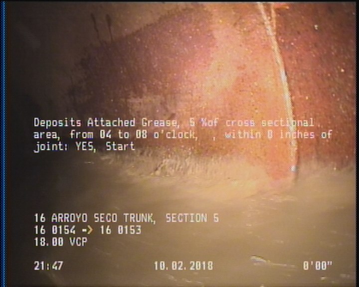 Deposits Attached Grease, 5 %of cross sectional area, from 04 to 08 o'clock, , within 8 inches of joint: YES, Start