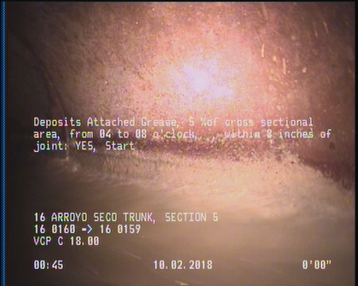 Deposits Attached Grease, 5 %of cross sectional area, from 04 to 08 o'clock, , within 8 inches of joint: YES, Start