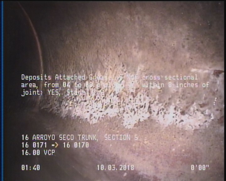Deposits Attached Grease, 5 %of cross sectional area, from 04 to 08 o'clock, , within 8 inches of joint: YES, Start