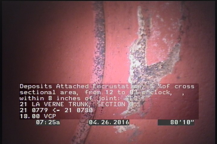 Deposits Attached Encrustation, 5 %of cross sectional area, from 12 to 03 o'clock, , within 8 inches of joint: YES