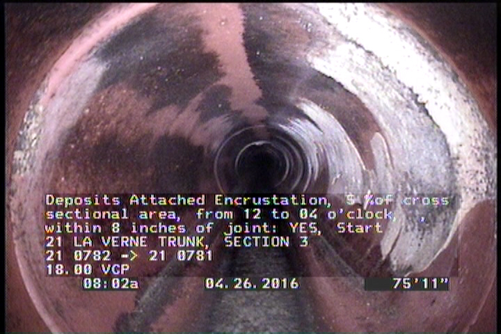 Deposits Attached Encrustation, 5 %of cross sectional area, from 12 to 04 o'clock, , within 8 inches of joint: YES, Start