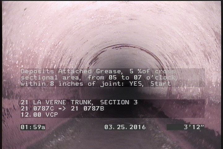 Deposits Attached Grease, 5 %of cross sectional area, from 05 to 07 o'clock, , within 8 inches of joint: YES, Start