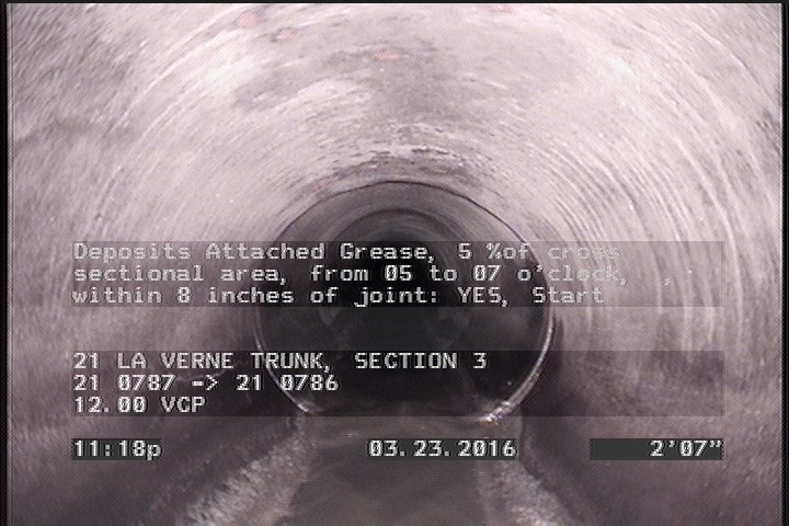 Deposits Attached Grease, 5 %of cross sectional area, from 05 to 07 o'clock, , within 8 inches of joint: YES, Start
