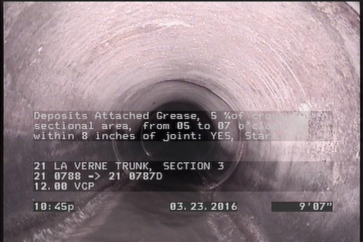 Deposits Attached Grease, 5 %of cross sectional area, from 05 to 07 o'clock, , within 8 inches of joint: YES, Start