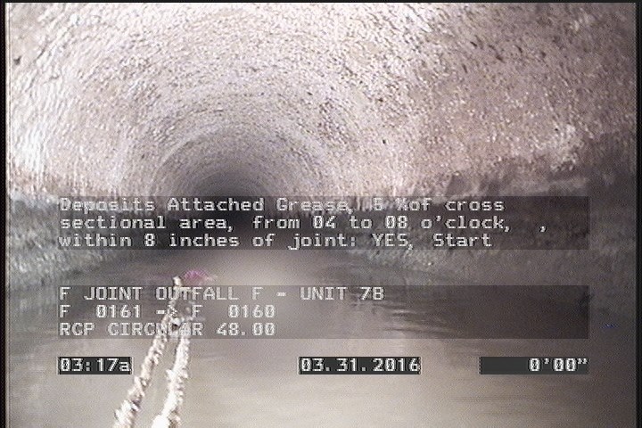 Deposits Attached Grease, 5 %of cross sectional area, from 04 to 08 o'clock, , within 8 inches of joint: YES, Start
