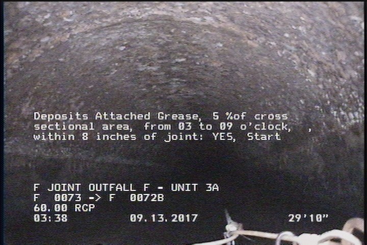 Deposits Attached Grease, 5 %of cross sectional area, from 03 to 09 o'clock, , within 8 inches of joint: YES, Start
