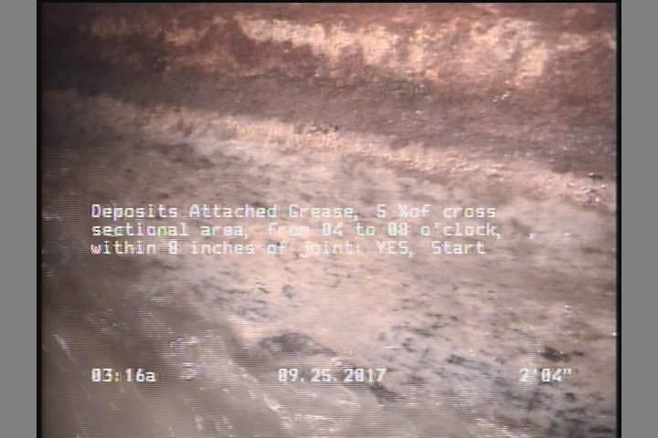 Deposits Attached Grease, 5 %of cross sectional area, from 04 to 08 o'clock, , within 8 inches of joint: YES, Start