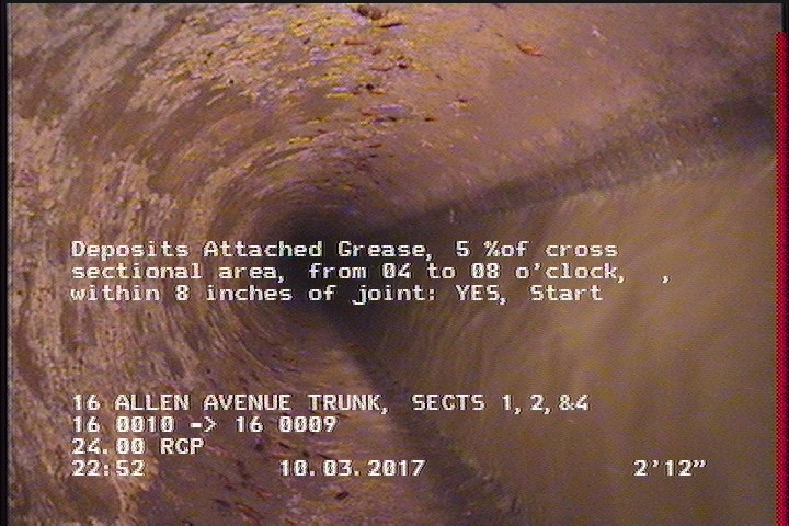 Deposits Attached Grease, 5 %of cross sectional area, from 04 to 08 o'clock, , within 8 inches of joint: YES, Start