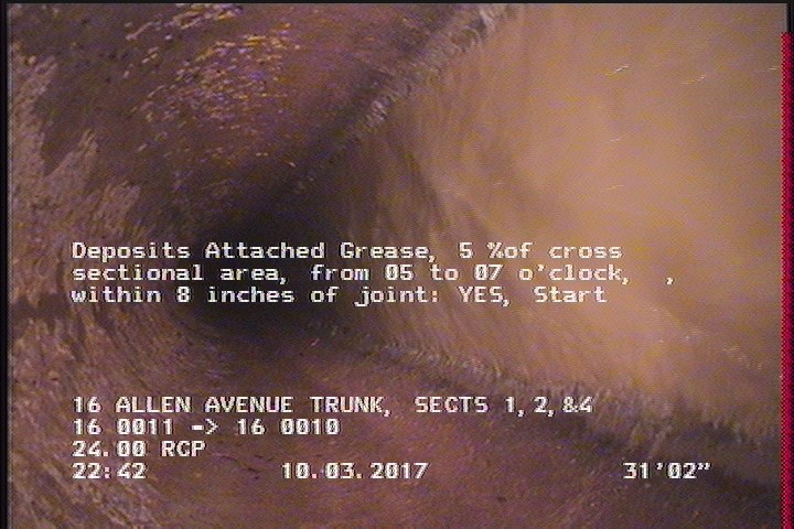 Deposits Attached Grease, 5 %of cross sectional area, from 05 to 07 o'clock, , within 8 inches of joint: YES, Start