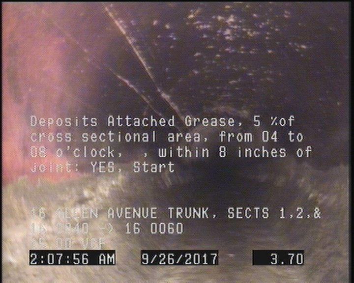 Deposits Attached Grease, 5 %of cross sectional area, from 04 to 08 o'clock, , within 8 inches of joint: YES, Start
