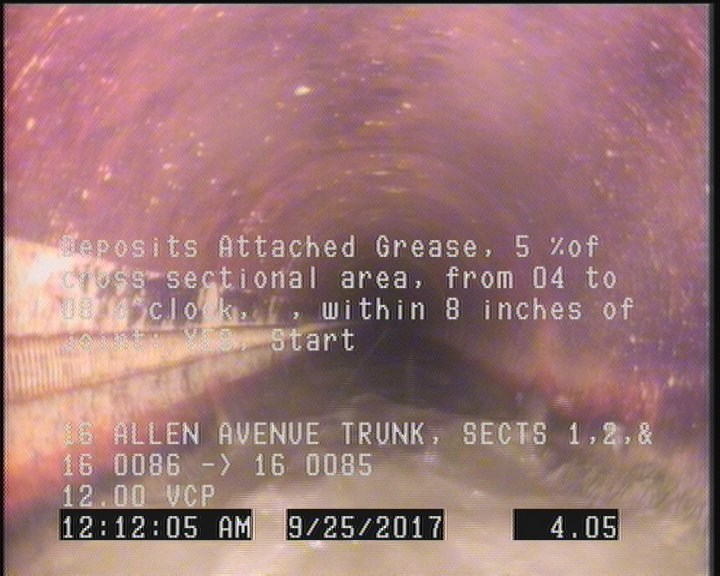 Deposits Attached Grease, 5 %of cross sectional area, from 04 to 08 o'clock, , within 8 inches of joint: YES, Start