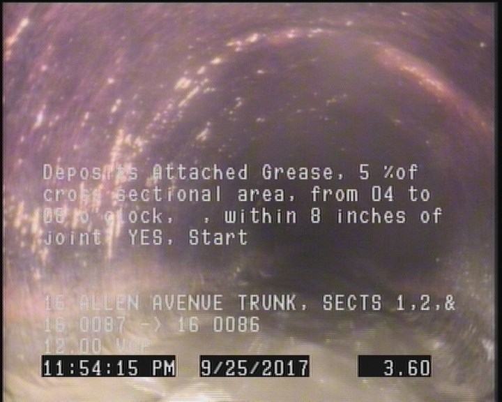 Deposits Attached Grease, 5 %of cross sectional area, from 04 to 08 o'clock, , within 8 inches of joint: YES, Start