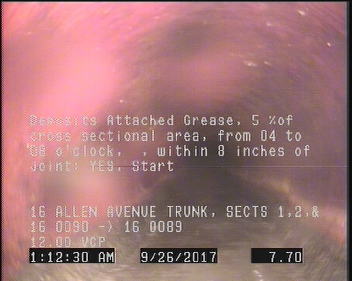 Deposits Attached Grease, 5 %of cross sectional area, from 04 to 08 o'clock, , within 8 inches of joint: YES, Start