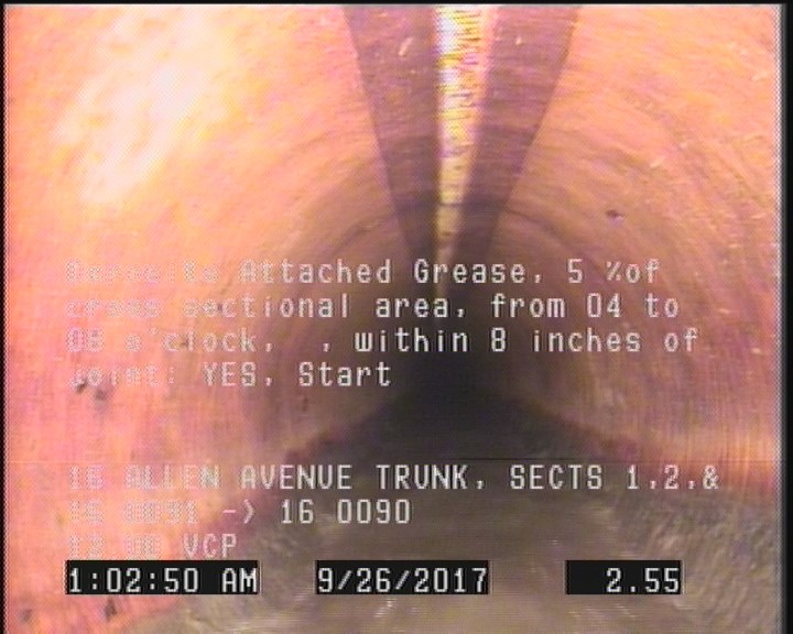 Deposits Attached Grease, 5 %of cross sectional area, from 04 to 08 o'clock, , within 8 inches of joint: YES, Start