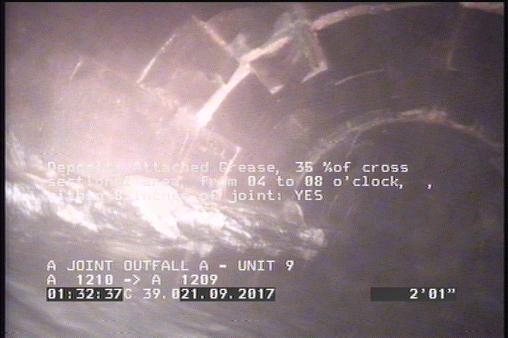 Deposits Attached Grease, 35 %of cross sectional area, from 04 to 08 o'clock, , within 8 inches of joint: YES