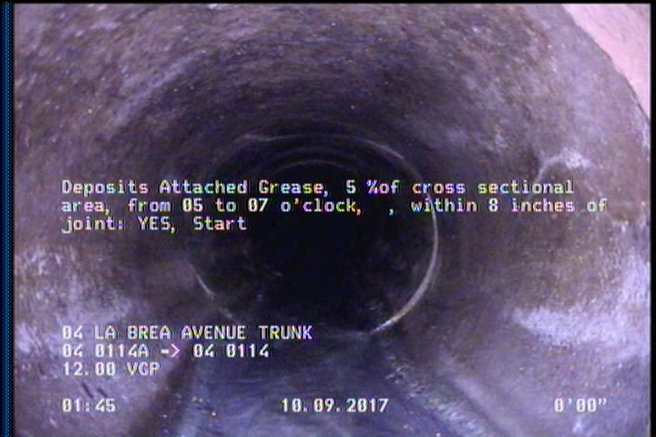 Deposits Attached Grease, 5 %of cross sectional area, from 05 to 07 o'clock, , within 8 inches of joint: YES, Start