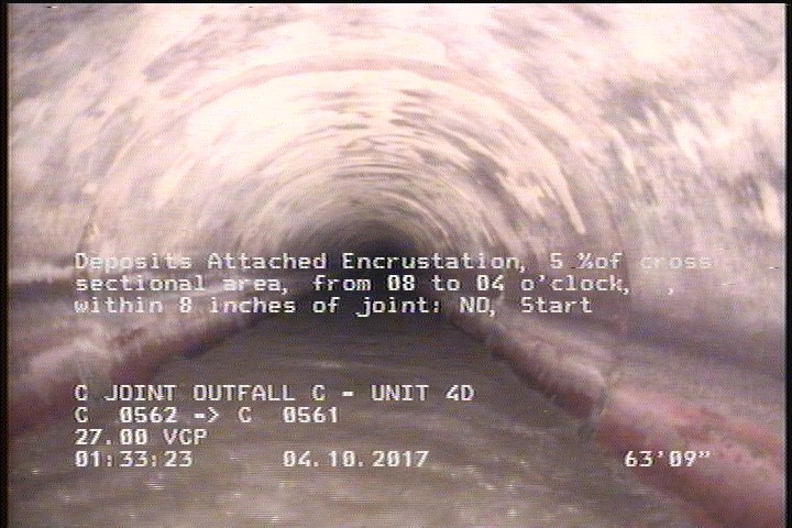 Deposits Attached Encrustation, 5 %of cross sectional area, from 08 to 04 o'clock, , within 8 inches of joint: NO, Start