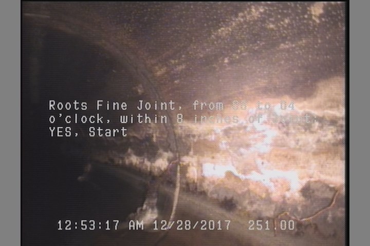 Roots Fine Joint, from 08 to 04 o'clock, within 8 inches of joint: YES, Start