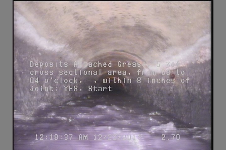 Deposits Attached Grease, 5 %of cross sectional area, from 08 to 04 o'clock, , within 8 inches of joint: YES, Start
