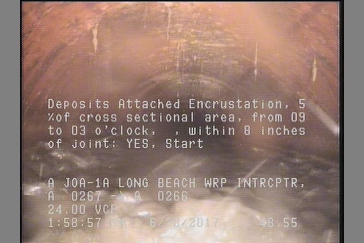 Deposits Attached Encrustation, 5 %of cross sectional area, from 09 to 03 o'clock, , within 8 inches of joint: YES, Start