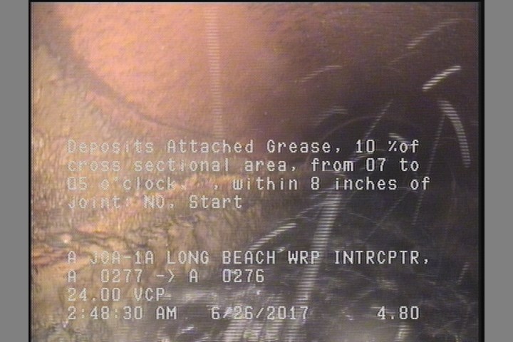 Deposits Attached Grease, 10 %of cross sectional area, from 07 to 05 o'clock, , within 8 inches of joint: NO, Start