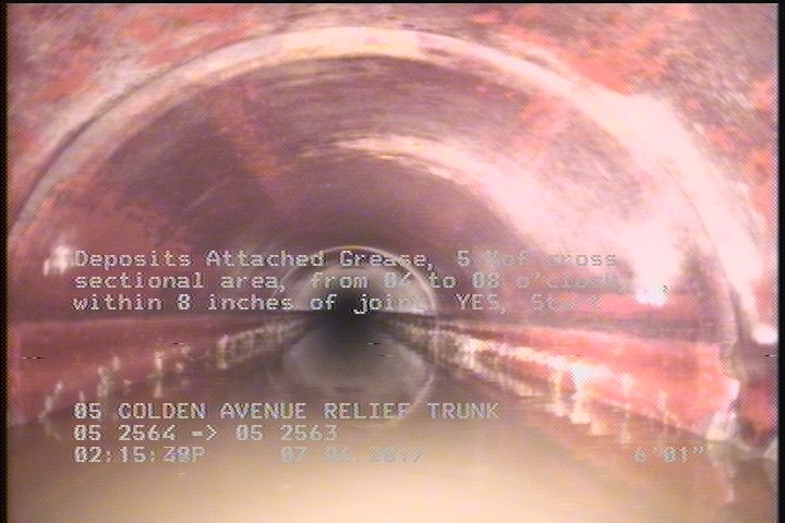 Deposits Attached Grease, 5 %of cross sectional area, from 04 to 08 o'clock, , within 8 inches of joint: YES, Start