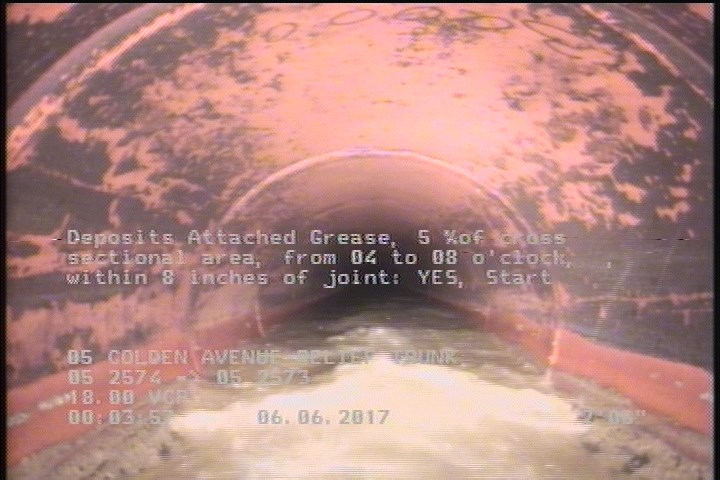 Deposits Attached Grease, 5 %of cross sectional area, from 04 to 08 o'clock, , within 8 inches of joint: YES, Start