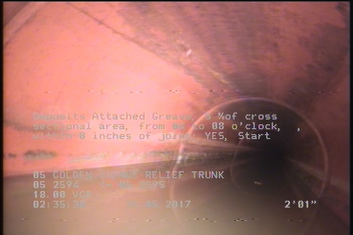 Deposits Attached Grease, 5 %of cross sectional area, from 04 to 08 o'clock, , within 8 inches of joint: YES, Start