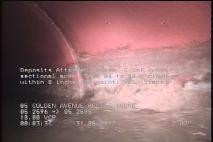 Deposits Attached Grease, 5 %of cross sectional area, from 04 to 08 o'clock, , within 8 inches of joint: YES, Start