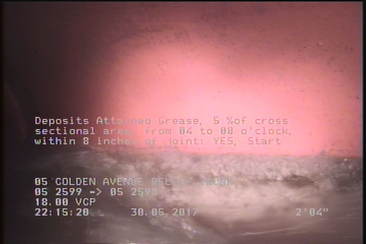 Deposits Attached Grease, 5 %of cross sectional area, from 04 to 08 o'clock, , within 8 inches of joint: YES, Start