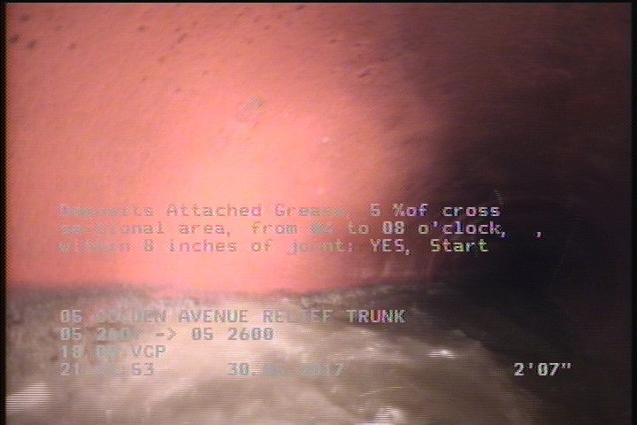 Deposits Attached Grease, 5 %of cross sectional area, from 04 to 08 o'clock, , within 8 inches of joint: YES, Start