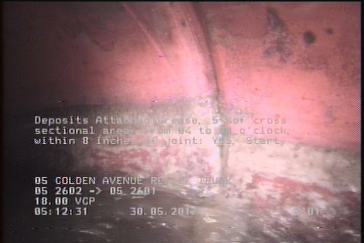 Deposits Attached Grease, 5 %of cross sectional area, from 04 to 08 o'clock, , within 8 inches of joint: YES, Start