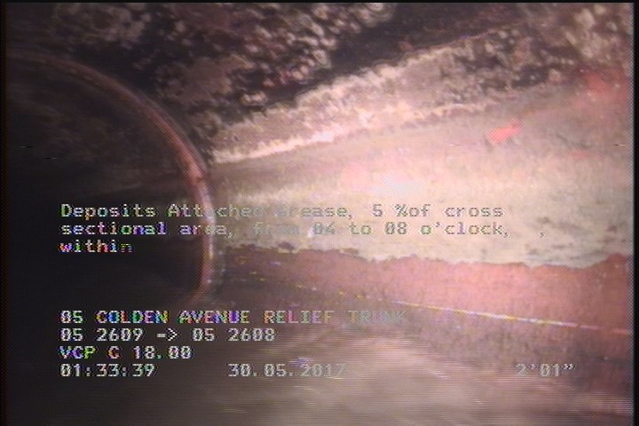 Deposits Attached Grease, 5 %of cross sectional area, from 04 to 08 o'clock, , within 8 inches of joint: YES, Start