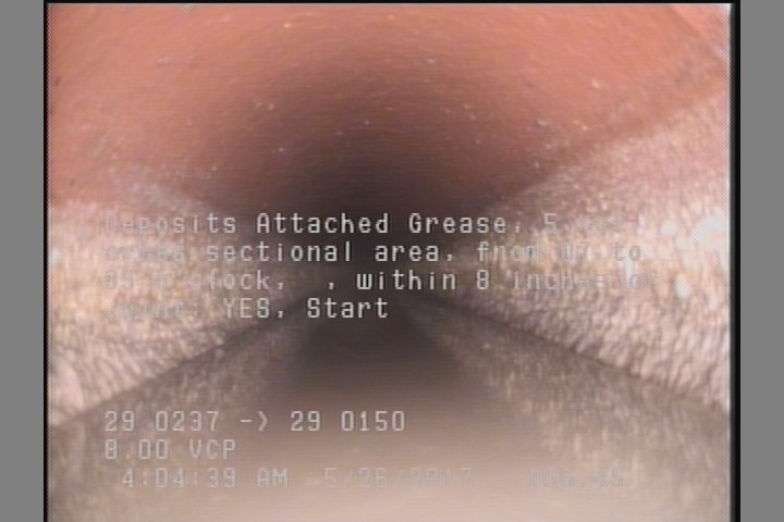 Deposits Attached Grease, 5 %of cross sectional area, from 07 to 05 o'clock, , within 8 inches of joint: YES, Start