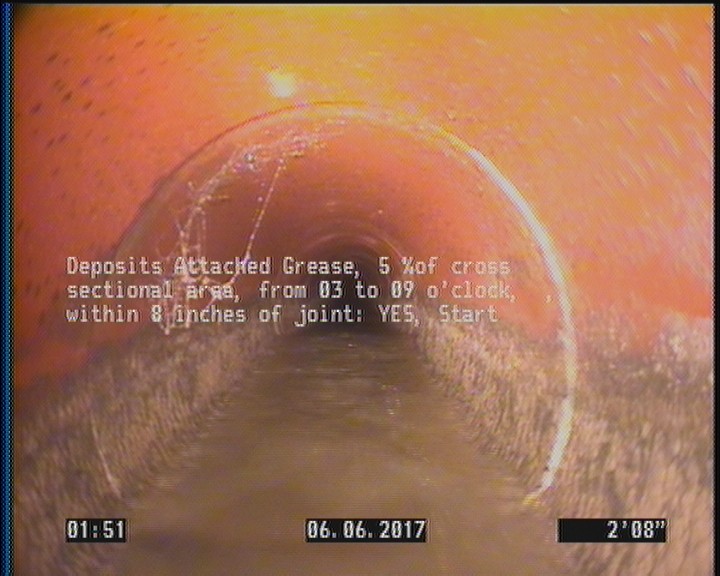 Deposits Attached Grease, 5 %of cross sectional area, from 03 to 09 o'clock, , within 8 inches of joint: YES, Start