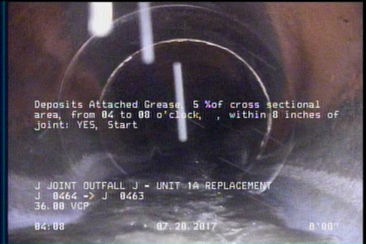 Deposits Attached Grease, 5 %of cross sectional area, from 04 to 08 o'clock, , within 8 inches of joint: YES, Start