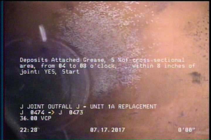 Deposits Attached Grease, 5 %of cross sectional area, from 04 to 08 o'clock, , within 8 inches of joint: YES, Start