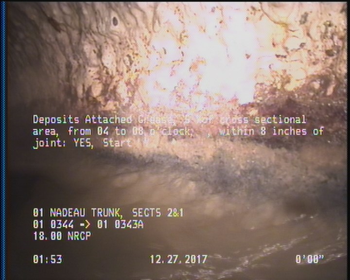 Deposits Attached Grease, 5 %of cross sectional area, from 04 to 08 o'clock, , within 8 inches of joint: YES, Start