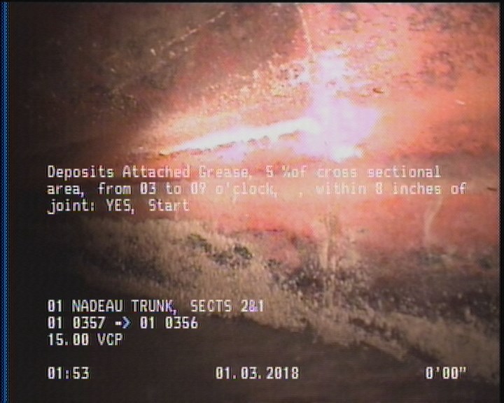 Deposits Attached Grease, 5 %of cross sectional area, from 03 to 09 o'clock, , within 8 inches of joint: YES, Start