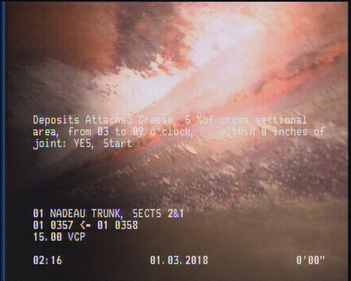 Deposits Attached Grease, 5 %of cross sectional area, from 03 to 09 o'clock, , within 8 inches of joint: YES, Start
